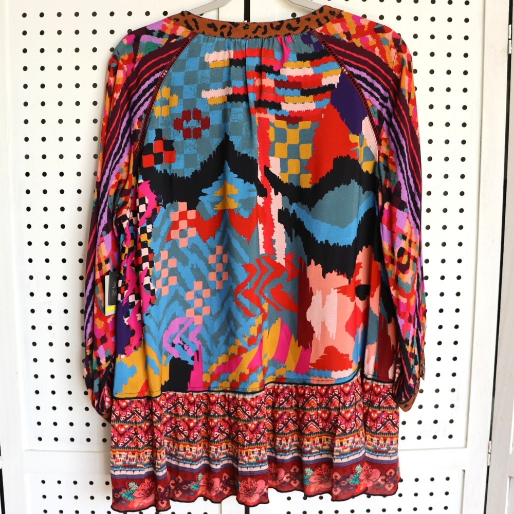 JOHN MARK Multicolor Geometric Floral Embroidered 3/4 Length Sleeve Top SIZE M - Picture 3 of 11